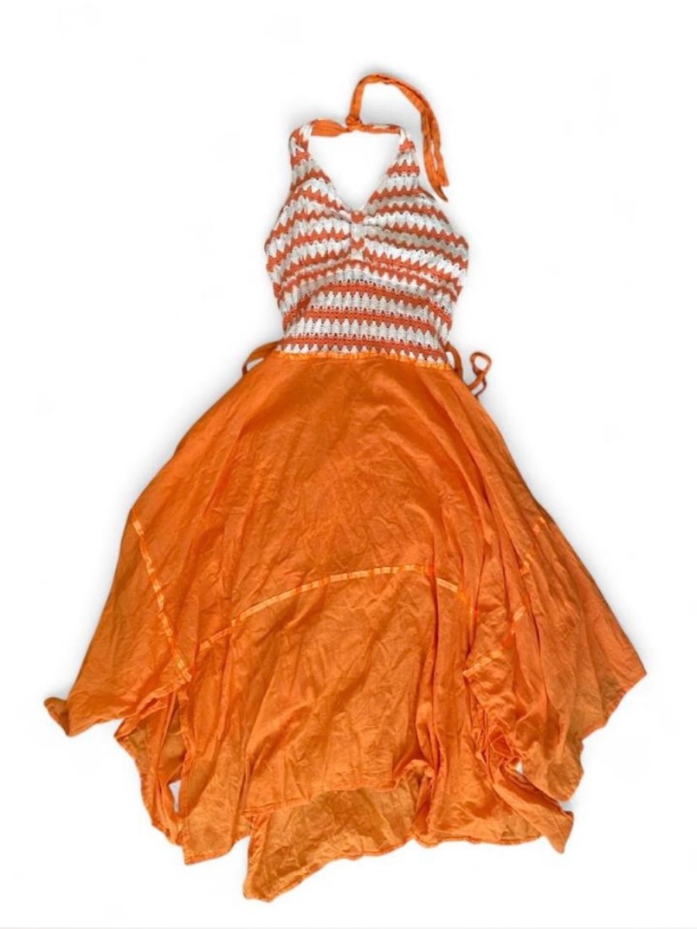 Women's Orange Halter Asymmetrical Dress with Crochet Bodice. Size: (S/M)